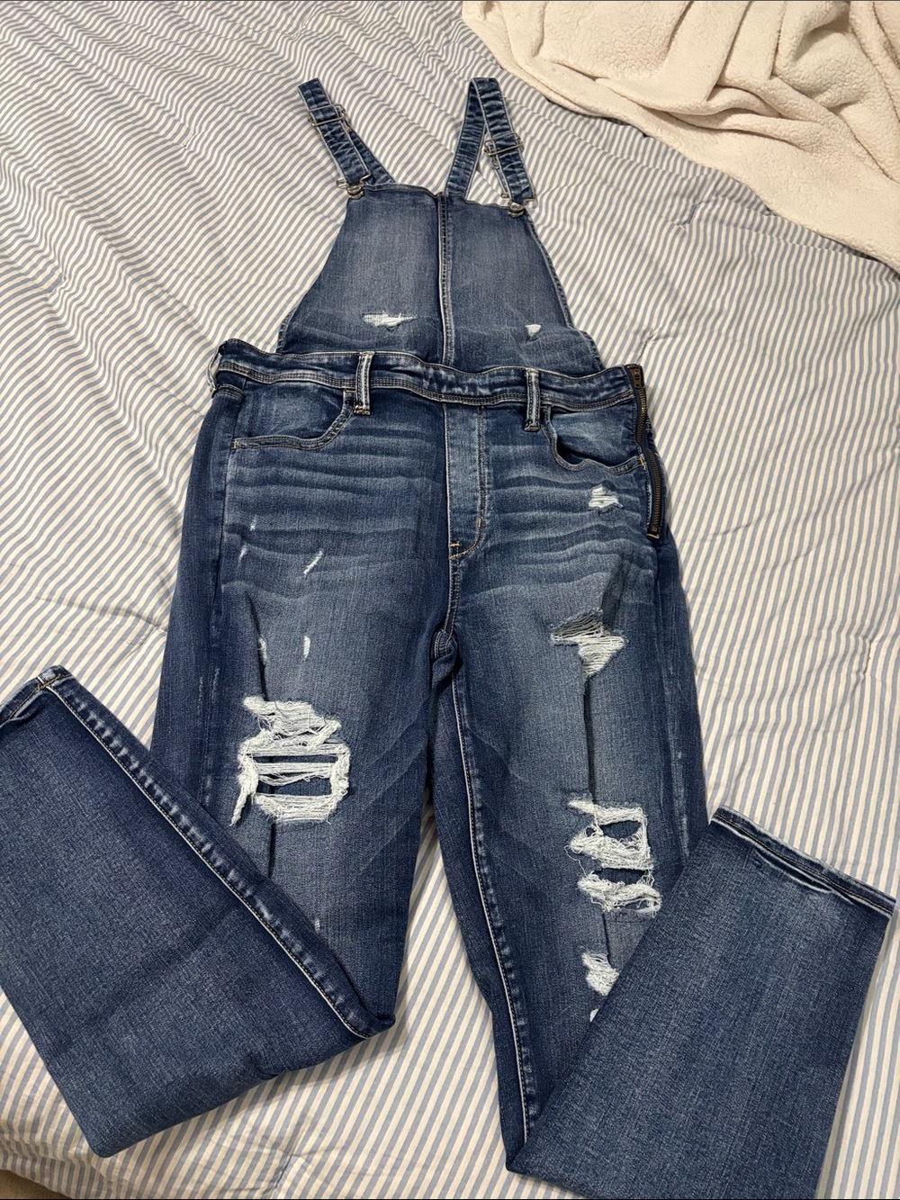 American Eagle Outfitters Distressed Dark Blue Denim Jegging Overalls size 12S